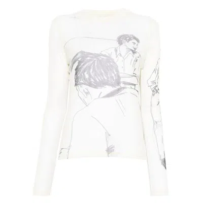 Jw Anderson Sheer Graphic Print Top With Long Sleeves In White