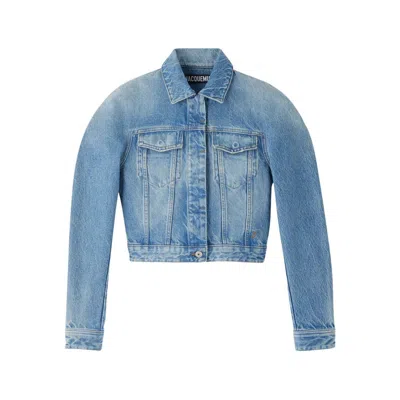 Jacquemus La Veste De-nimes Ovalo Puffer Jackets Light Blue In Blue