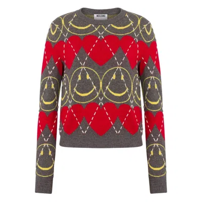 Moschino Wool Blend Pullover Smiley Grey In Multi