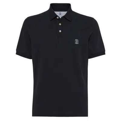 Brunello Cucinelli Midnight Polo Shirt With Buttoned Placket In Black