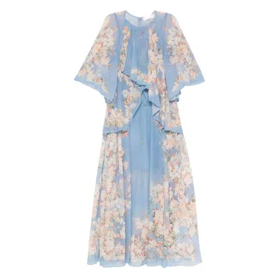 Zimmermann Womens Teal Blue Botanical Cascadian Flared-panels Cotton And Silk Maxi Dress Xl In Blue