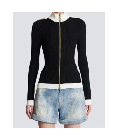Balmain Zipped Turtleneck Knit Cardigan Clothing In Black