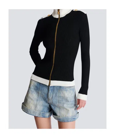 Balmain Zipped Turtleneck Knit Cardigan Clothing In Black