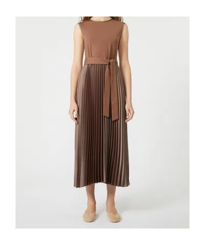 Weekend Max Mara Omens Brown Sleeveless Pleated Jersey And Satin Midi Dress In Brown