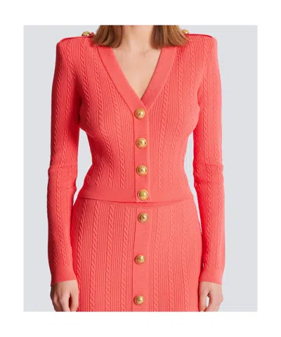 Balmain Long-sleeved Cable-knit Cardigan In Orange