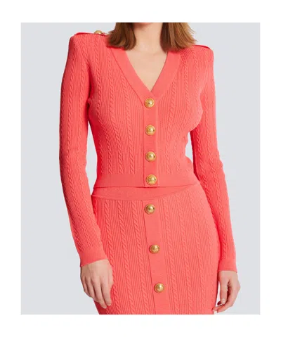 Balmain Long-sleeved Cable-knit Cardigan In Orange