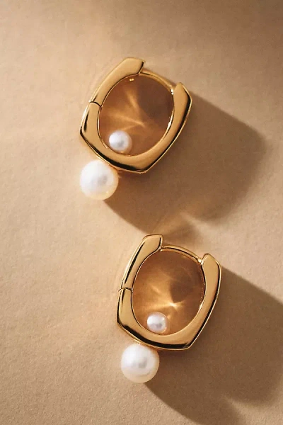 Missoma Small Button Pearl Square Huggie Hoop Earrings In Gold