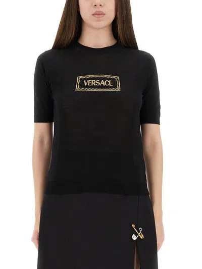 Versace Logo Knit T-shirt In Black