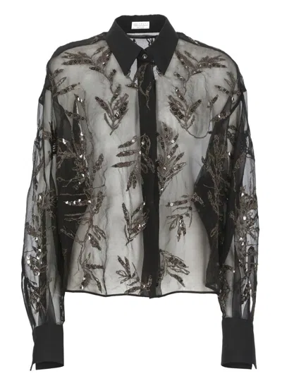 Brunello Cucinelli Women Crispy Silk Shirt With Glistening Flora Embroidery In Black