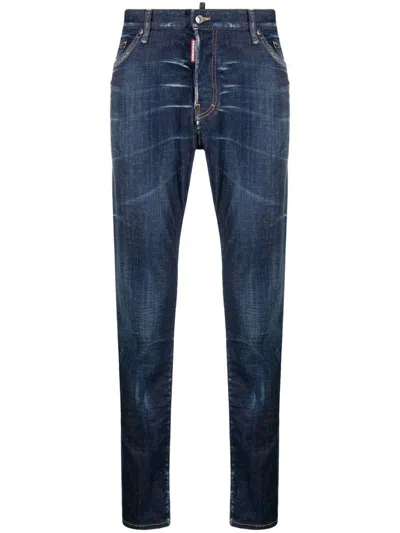 Dsquared2 Blue Jeans With Belt Loops And Logo Patch On The Rear In Denim Stretch Man In Blue