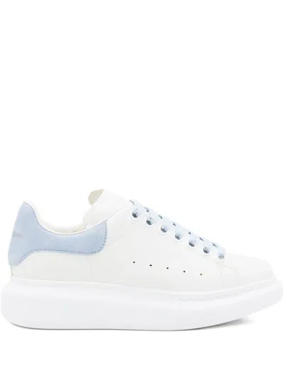 Alexander Mcqueen White Leather Sneakers With Pastel Light Blue Suede Heel In Blue
