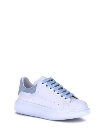Alexander Mcqueen White Leather Sneakers With Pastel Light Blue Suede Heel In Blue