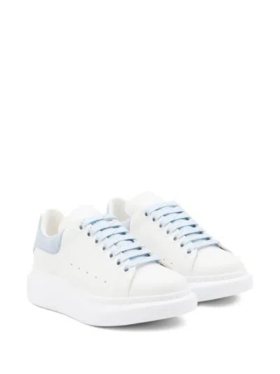 Alexander Mcqueen White Leather Sneakers With Pastel Light Blue Suede Heel In Blue