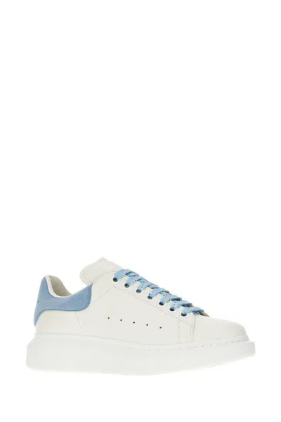Alexander Mcqueen White Leather Sneakers With Pastel Light Blue Suede Heel In Blue