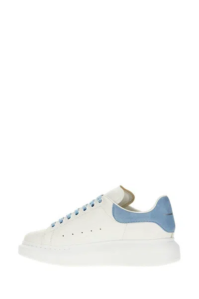 Alexander Mcqueen White Leather Sneakers With Pastel Light Blue Suede Heel In Blue