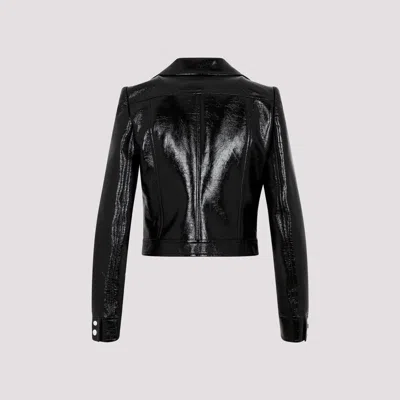 Courrèges Glossy Black Coat With High Collar And Logo Detailing In Green