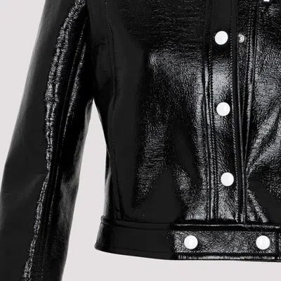 Courrèges Glossy Black Coat With High Collar And Logo Detailing In Green