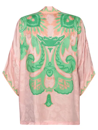 Etro Silk Kimono Jacket In Green And Pink In Pink
