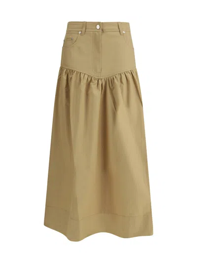 Ganni Womens Pale Khaki Summer Suiting Gathered Cotton And Linen Midi Skirt In Brown