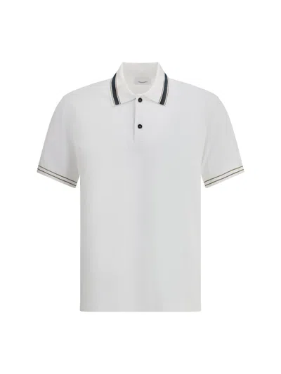 Ferragamo Striped Collar Cotton Polo Shirt In White