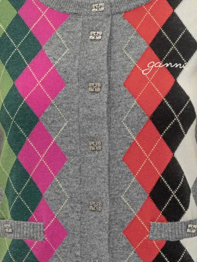 Ganni Womens Paloma Melange Rhombus-print Round-neck Wool And Cashmere Cardigan