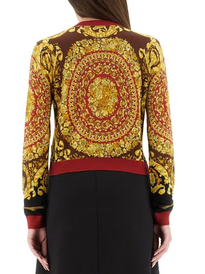 Versace Baroque Silk Knit Cardigan In Brown