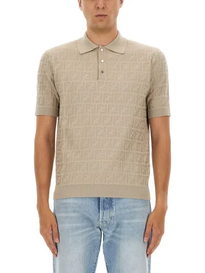 Fendi Ff Cotton Knit Polo Shirt In Neutral