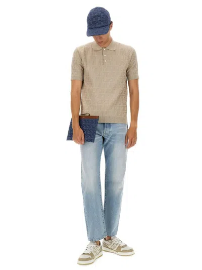 Fendi Ff Cotton Knit Polo Shirt In Neutral