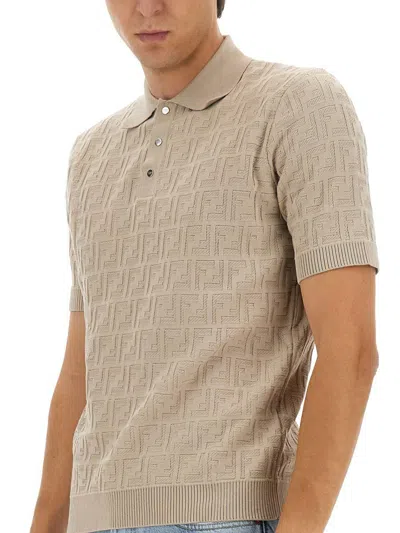 Fendi Ff Cotton Knit Polo Shirt In Neutral