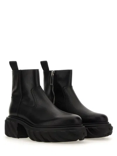 Off-white Chunky Sole Leather Boots With Elastic Side Panels In Black