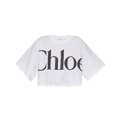 Chloé White Cropped T-shirt With Logo Lettering Print In Cotton Woman