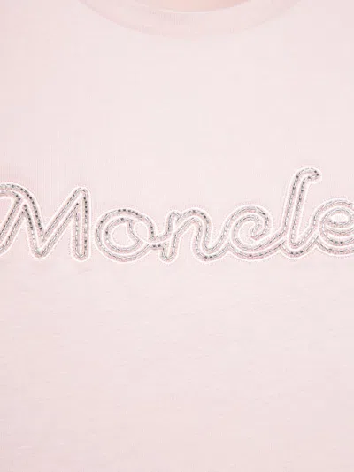 Moncler Pink T-shirt With Embroidered Logo On The Front And Logo Patch On The Sleeve In Cotton Woman In Pink