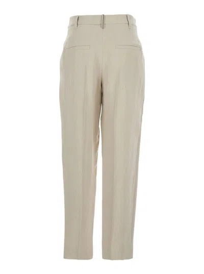 Brunello Cucinelli Beige Pants With Monil Detail On The Loop And Pences In Viscose And Linen Blend Woman