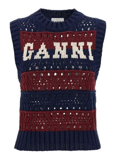 Ganni Striped Openwork Vest With Logo Inlay In Blue