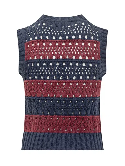 Ganni Striped Openwork Vest With Logo Inlay In Blue