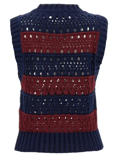 Ganni Striped Openwork Vest With Logo Inlay In Blue
