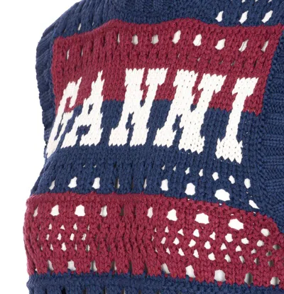 Ganni Striped Openwork Vest With Logo Inlay In Blue