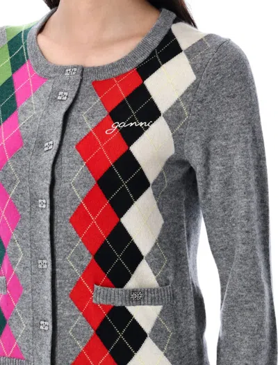 Ganni Womens Paloma Melange Rhombus-print Round-neck Wool And Cashmere Cardigan