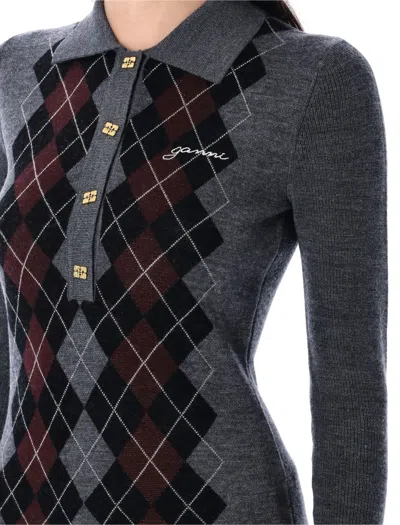 Ganni Slim-fit Knitted Polo Shirt With Check Pattern In Blue