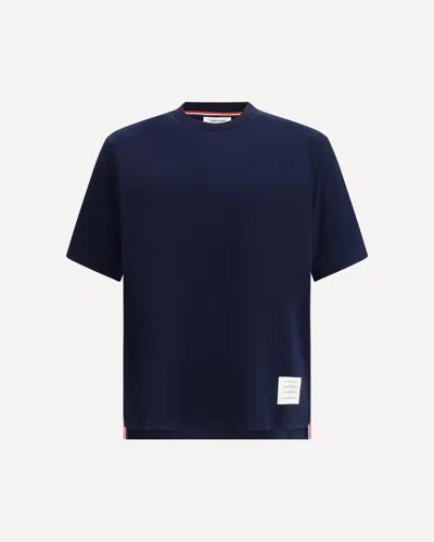 Thom Browne Crew Neck Cotton T-shirt With Distinctive Logo In Blue