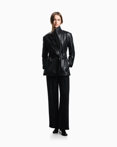 Emporio Armani Stretch Sandblasted Fabric Trousers With Pleats In Black