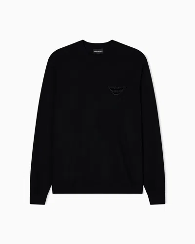 Emporio Armani Plain-knit Virgin-wool Jumper With Eagle Patch In Black