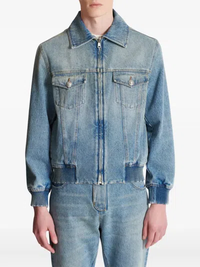 Balmain Blue Cropped Lined Denim Jacket In Blue