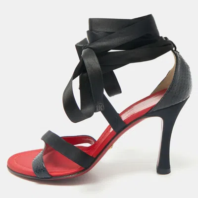 Pre-owned Dolce & Gabbana Black Snakeskin And Satin Ankle Wrap Sandals Size 38.5