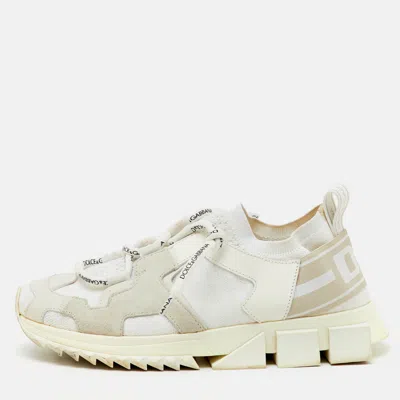 Pre-owned Dolce & Gabbana White Knit Fabric Suede And Leather Sorrento Lace Up Sneakers Size 36