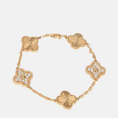 Pre-owned Van Cleef & Arpels 18k Yellow Gold And Diamond Vintage Alhambra 5 Motifs Bracelet