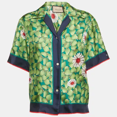 Pre-owned Gucci Green Strawberries Silk Short Sleeve Shirt S