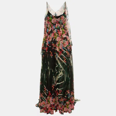 Pre-owned Elie Saab Black Floral Print Silk Chiffon Flared Maxi Dress S