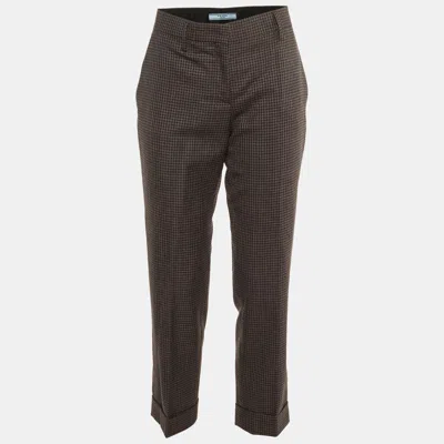 Pre-owned Prada Grey/burgundy Checked Wool Cuffed Hem Trousers M In Gray