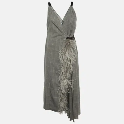 Pre-owned Prada Grey Checked Wool Feather Trim Pleated Wrap Dress L In Gray